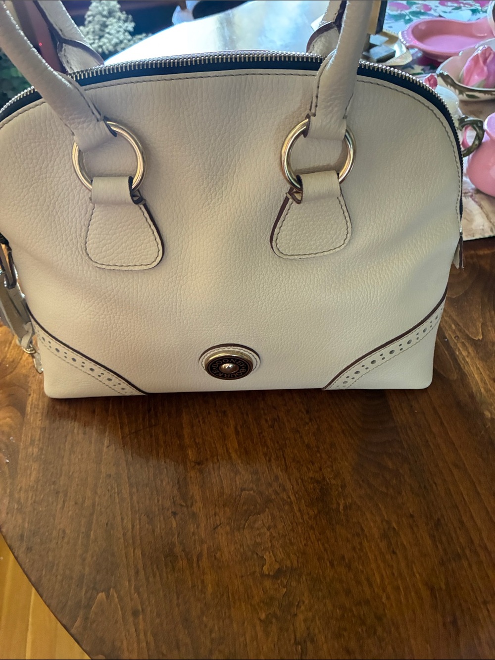 Dooney & Bourke Bag Cream Pebbled Leather Satchel  Top Zip Closure